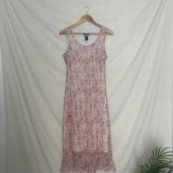Vintage Believe Floral Pink Beige Sheer Ruffle Hem Dress Women's Size 10 - Picture 2 of 8